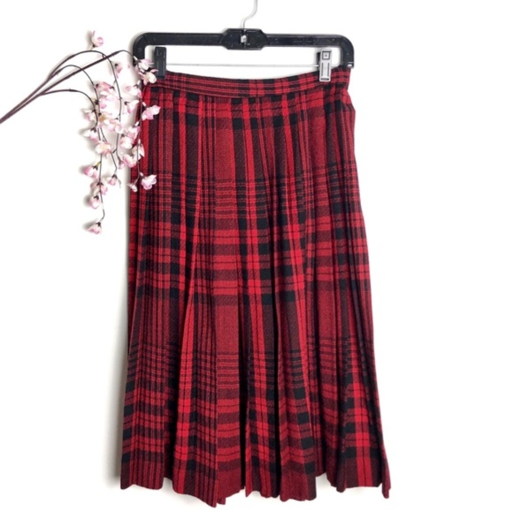 Vintage Red & Black Tartan Plaid Pleat Zipper Midi Skirt